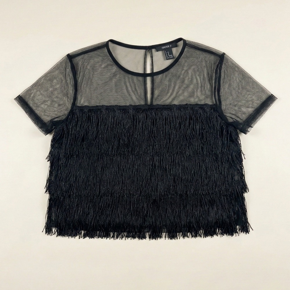 Forever 21 Black Mesh Fringe Crop Top Short Sleeve Party Clubwear Womens Large